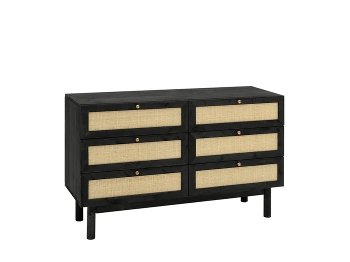 Cómoda de madera maciza y rafia con seis cajones en tono negro de 76x120cm – FRIDA – DECOWOOD