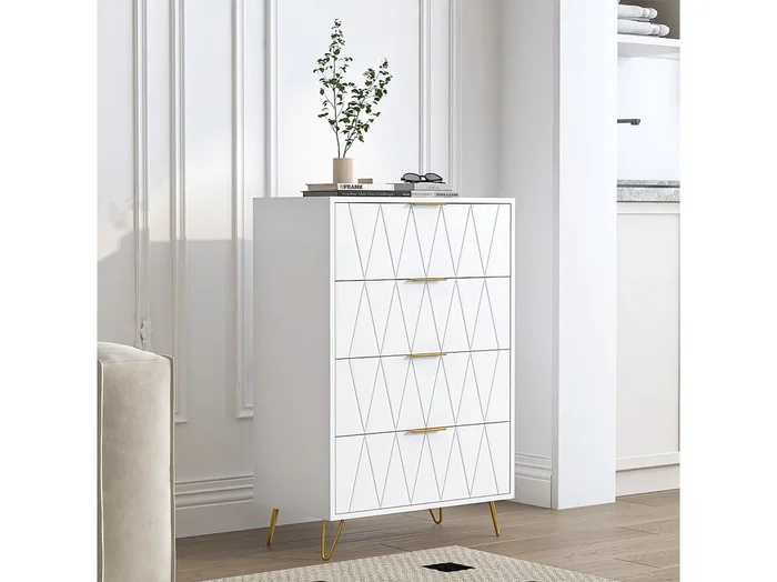 Cómoda moderna blanca de 4 cajones con frente con textura geométrica y tiradores dorados