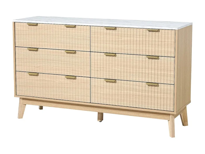 Cómoda SucceBuy de 6 Cajones, Armario de Madera con Sistema Deslizante y Antivuelco, Estilo Minimalista Moderno, Madera Clara
