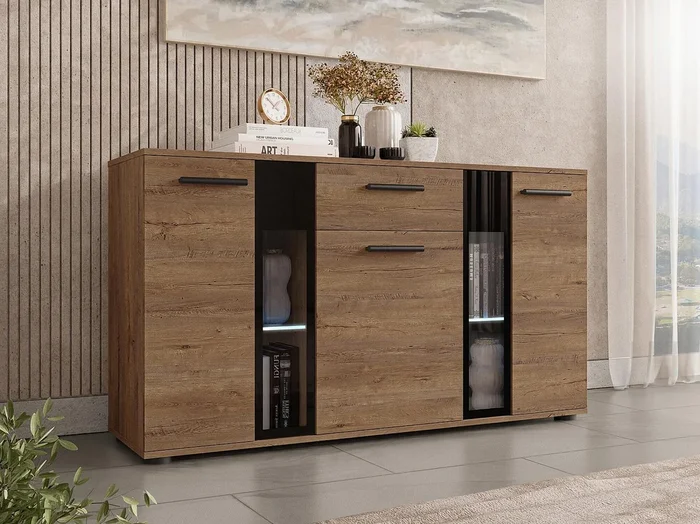 Cómoda Tucson 114, Roble de lefkada, Con cajones y puertas, Número de cajones 1, 80x41cm