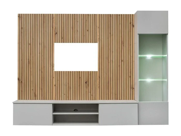 Composición mural IXAR – Mueble para TV y vitrina suspendida – Con LED