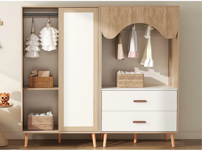 Conjunto armario infantil – armario con puertas correderas + armario abierto – patas de madera maciza – blanco + natural