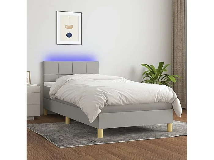 Conjunto Boxspring – 90×200 cm + Somieres + colchón + luces LED tela gris claro ES43285