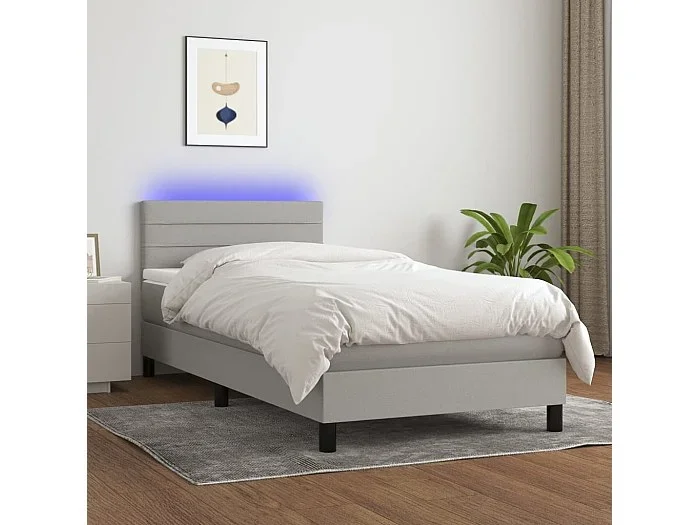 Conjunto Boxspring – 90×200 cm + Somieres + colchón + luces LED tela gris claro ES43747