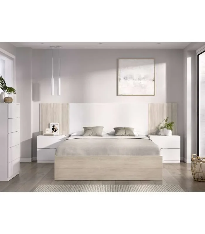 Conjunto cama, sinfonier y dos mesitas Lula acabado blanco/alistonado natural.