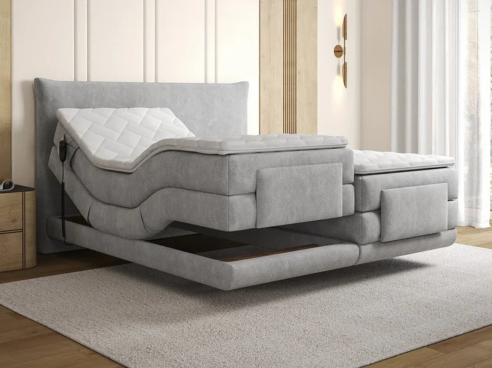 Conjunto completo boxspring cabecero + somieres con relax eléctrico + colchón + sobrecolchón – 2 x 80 x 200 cm – Tejido – Gris claro – ZANORO de PALACIO