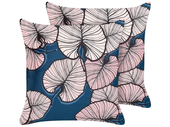 Conjunto de 2 cojines decorativos CHRYSANTHEMUM Terciopelo 45 x 45 cm Azul oscuro Patrón de plantas