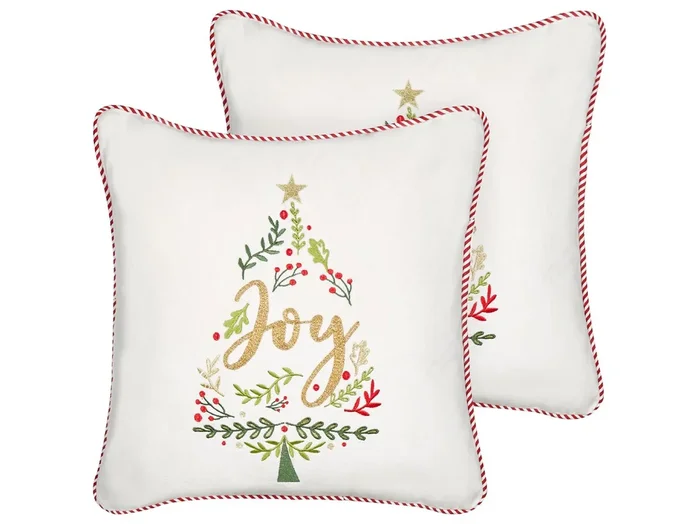 Conjunto de 2 cojines decorativos ECHEVERIA Terciopelo 45 x 45 cm Blanco Patrón navideño