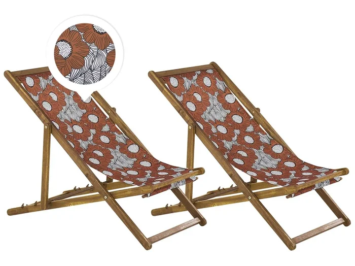 Conjunto de 2 hamacas plegables ANZIO con telas de recambio Motivo floral Madera de acacia Marrón claro