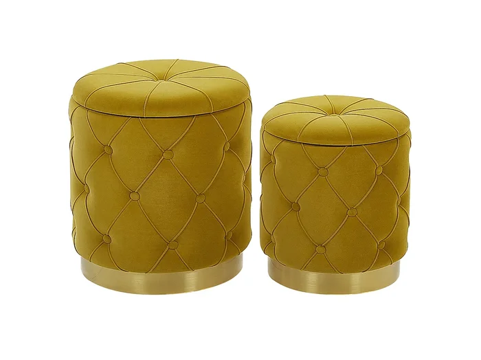 Conjunto de 2 pufs con almacenaje PUEBLO Terciopelo Mostaza 40/33 cm 40/33 cm 44/36 cm