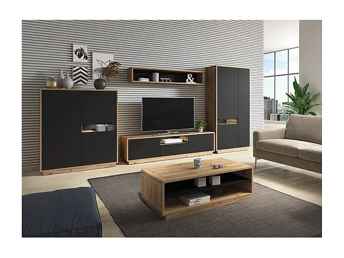 Conjunto de 5 muebles de salón colección VILLA. Color roble y negro mate.