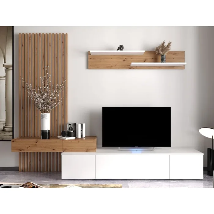 Conjunto De Comedor Con Mesa Tv Y Panelado – Venprodin – 250×200 Cm – Blanco Y Roble