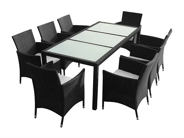 Conjunto de comedor para jardín de 9 piezas y cojines de resina tejida en negro 02_0014845