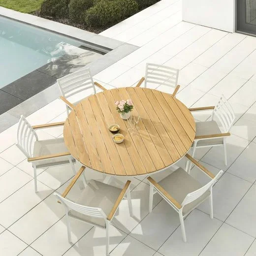 Conjunto de comedor para jardín en aluminio blanco y teca | Sidney Ø 150 cm + Broome