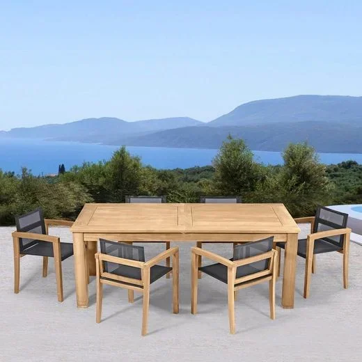 Conjunto de comedor para jardín en teca de color miel y Batyline negro | Danao + Candon