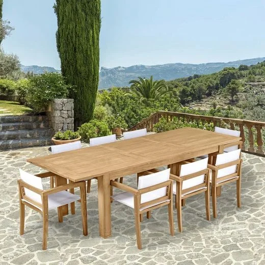 Conjunto de comedor para jardín en teca de color natural y Batyline blanco | Candon