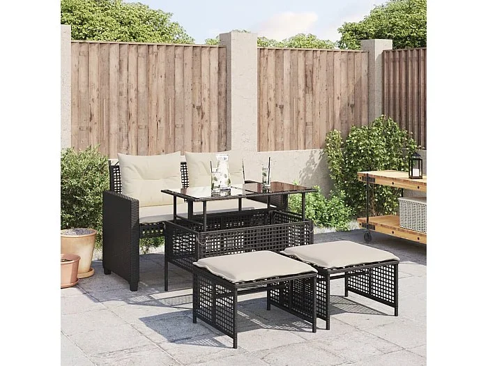 Conjunto de jardín 4 pzas con cojines ratán PE vidrio negro ES996270
