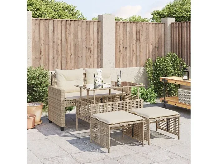 Conjunto de jardín 4 pzas y cojines ratán sintético vidrio beige ES433646