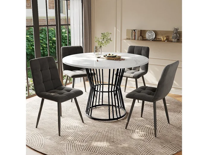 Conjunto de mesa + 4 sillas en terciopelo gris oscuro, mesa redonda 100x100x75cm, patas de metal negro + tablero de MDF blanco