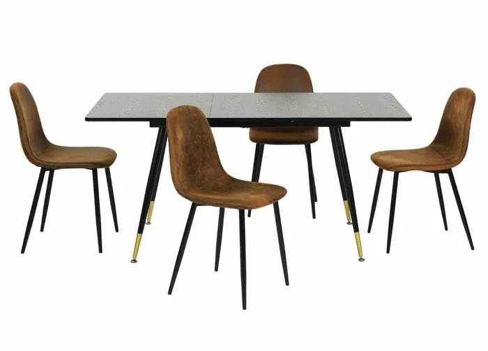 Conjunto de mesa extensible efecto madera negra 120-160 y 4 sillas estilo retro escandinavo WHALEN DARK WOOD STRETCH TABLE BG B + CHARLTON SUEDE BROWN S FRXZ B