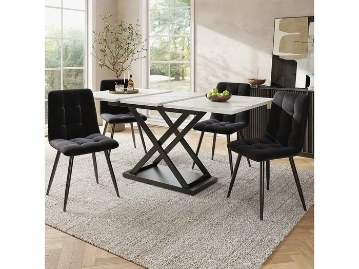 Conjunto de mesa extensible y 4 sillas en terciopelo negro, mesa 160x80x75 cm, color blanco