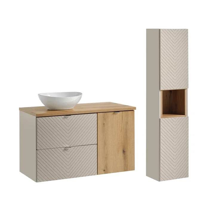 Conjunto de muebles con lavabo individual 100cm cesto ropa y columna Manoa Cachemira y madera