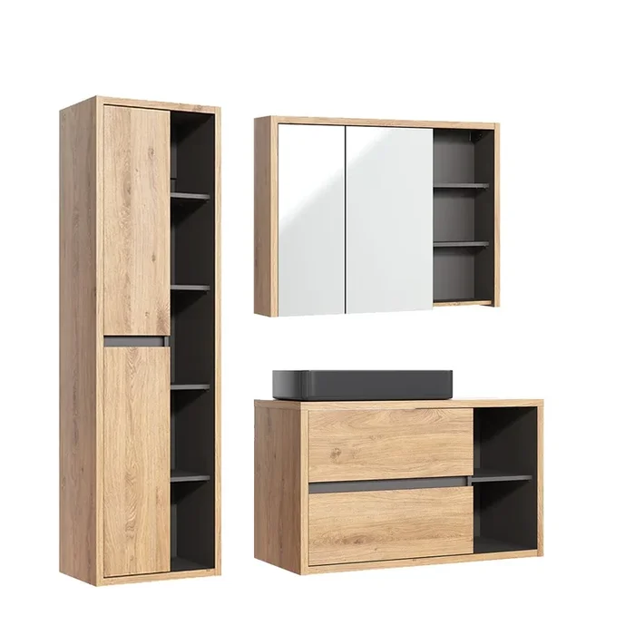Conjunto de muebles con lavabo individual 100cm, columna y armario de pared Rigel madera y antracita
