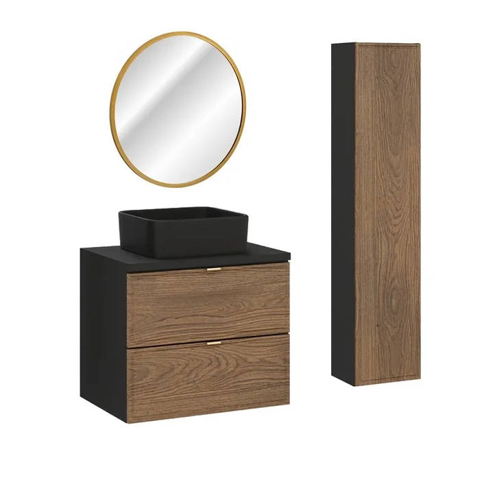 Conjunto de muebles con lavabo individual 60cm columna y espejo Elena Madera y negro