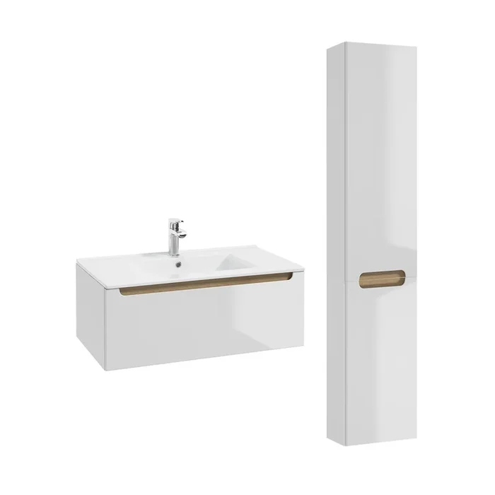 Conjunto de muebles con lavabo individual encastrado 80cm 1 cajón y columna Livia Blanco y Madera