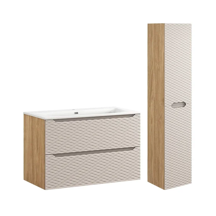 Conjunto de muebles con lavabo individual encastrado 90cm y columna Elora Beige y madera
