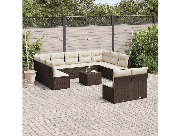 Conjunto de muebles de jardín con cojines 12 piezas resina tejida marrón