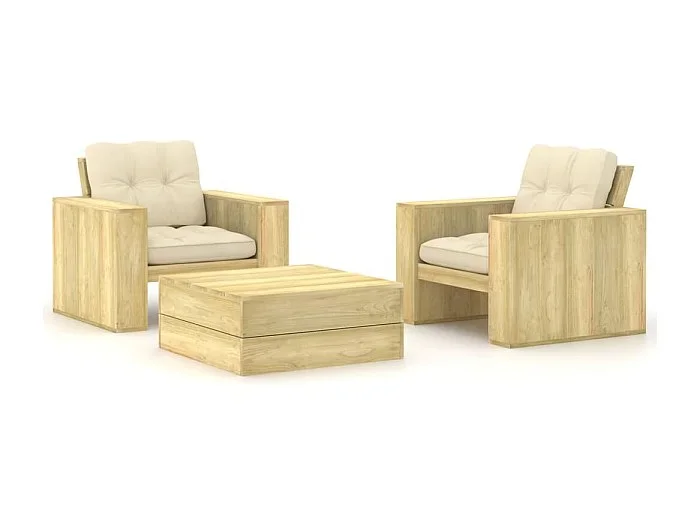 Conjunto de muebles de jardín de exterior 3 piezas con cojines madera de pino impregnado 02_0015932