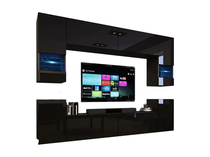 Conjunto de muebles de sala negro, colgantes colección CEPTO XXVII. 240cm, 8 muebles, leds, modulares.