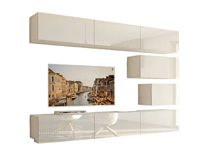 Conjunto de muebles de salón blancos colgantes colección CEPTO XVI 249cm, 8 muebles, modulares.