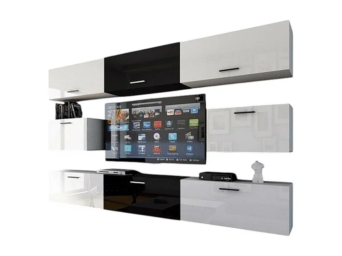 Conjunto de muebles de salón blancos y negros colgantes colección CEPTO VII 249cm, 8 puertas, modulares. Parte central en color negro.