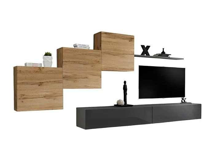 Conjunto de muebles de salón mural SWITCH X diseño, color gris brillante y roble Wotan.