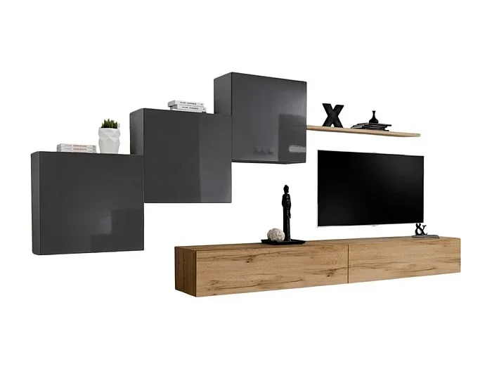 Conjunto de muebles de salón mural SWITCH X diseño, color roble Wotan y gris brillante.