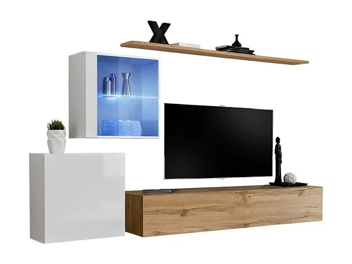Conjunto de muebles de salón mural SWITCH XV diseño, color roble Wotan y blanco brillante.