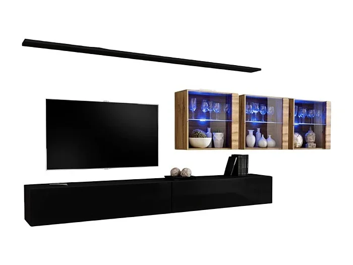 Conjunto de muebles de salón mural SWITCH XVII diseño, color negro brillante y roble Wotan.