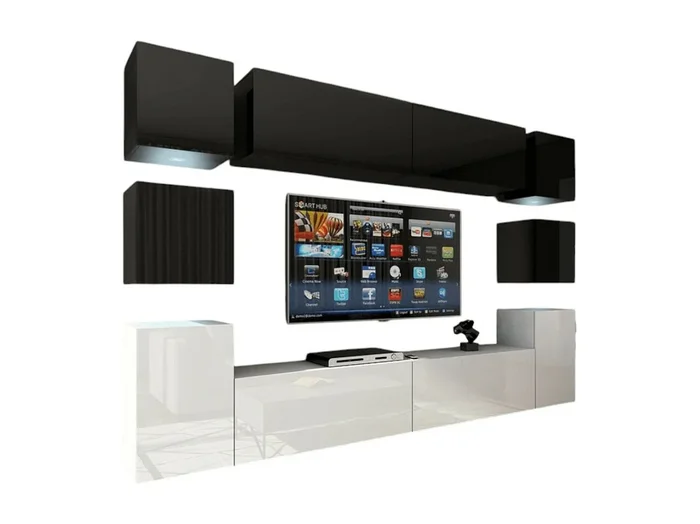 Conjunto de muebles de salón suspendidos, parte superior negra, parte inferior blanca, colección CEPTO XIV de 256 cm, 10 muebles, LEDs.