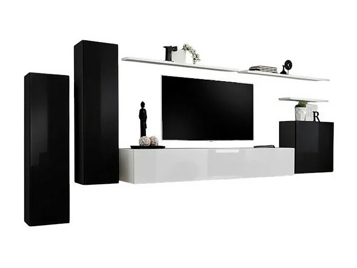 Conjunto de muebles de salón SWITCH I – Diseño moderno – Negro y blanco brillante – Mueble para TV y almacenajes colgantes