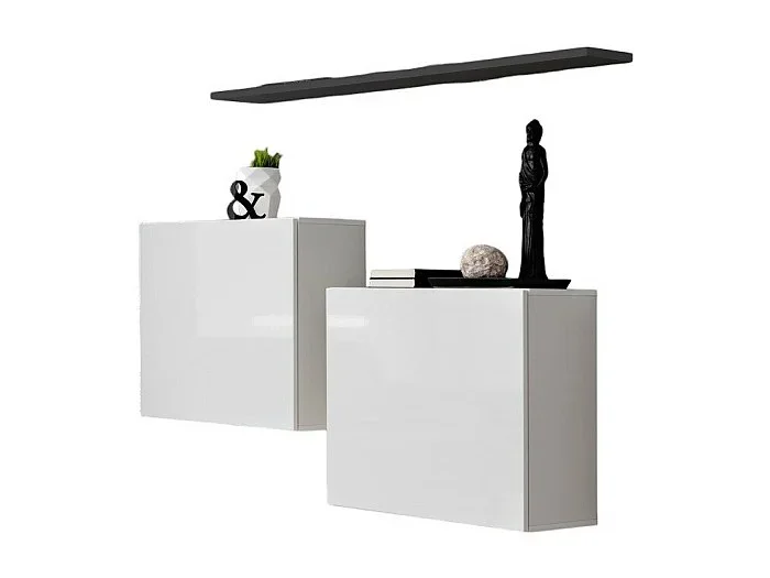 Conjunto de muebles de salón SWITCH SBI de diseño, en color blanco brillante con estantería gris.