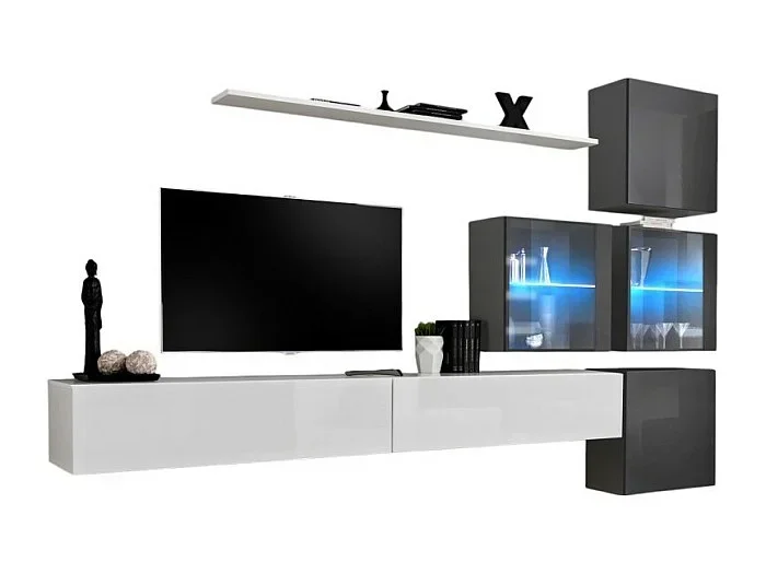Conjunto de muebles de salón SWITCH XIX diseño, colores blanco y gris brillante.