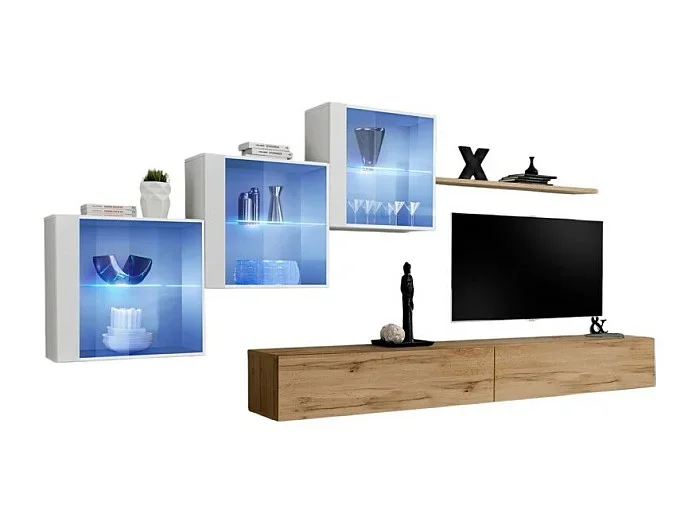 Conjunto de muebles de salón SWITCH XX de diseño, en color roble Wotan y blanco brillante.