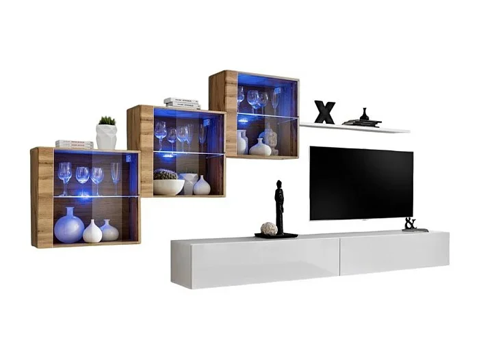 Conjunto de muebles de salón SWITCH XX diseño, color blanco brillante y roble Wotan.