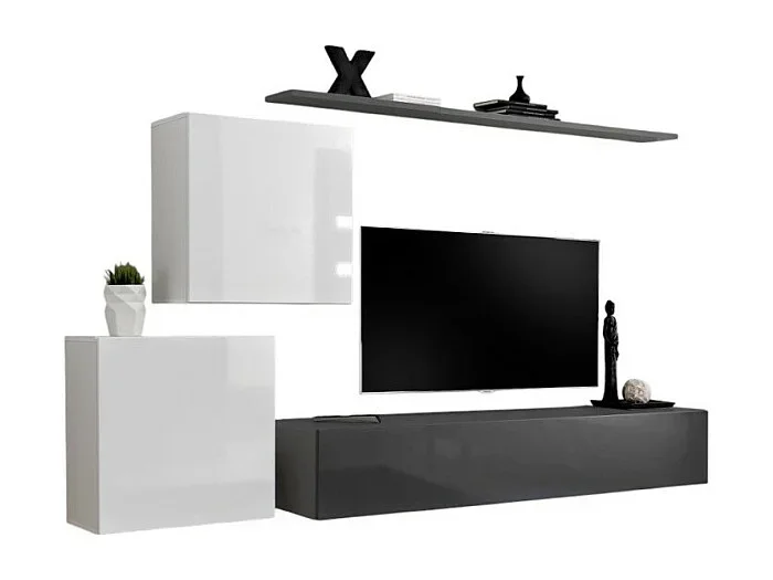 Conjunto de muebles para sala SWITCH V diseño, en colores gris y blanco brillante.