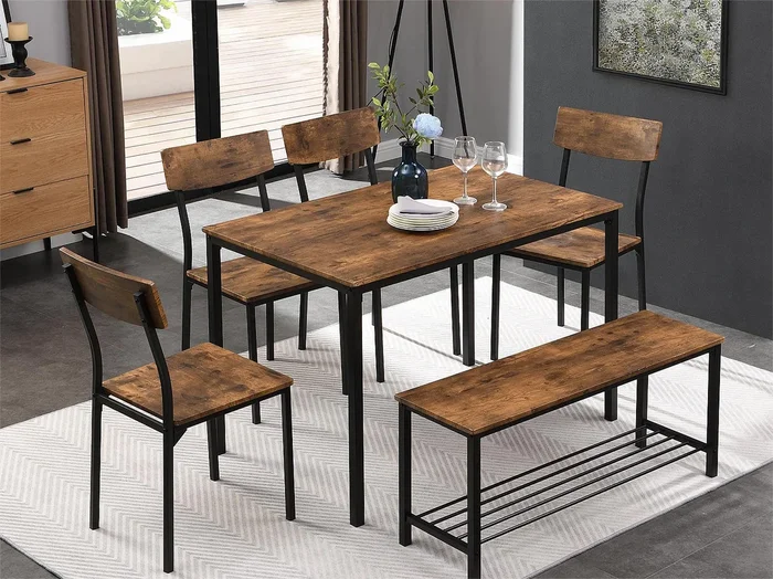 Conjunto mesa + 4 sillas + banco – MDF y metal – estilo industrial – marrón