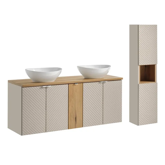 Conjunto mueble lavabo doble 140cm 5 puertas y columna Manoa Cachemira y Madera