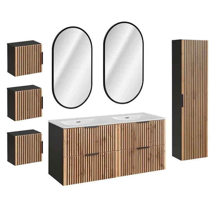 Conjunto mueble lavabo doble encastrado 120cm espejos LED columna y 3 armarios de pared Gaia Madera y Negro