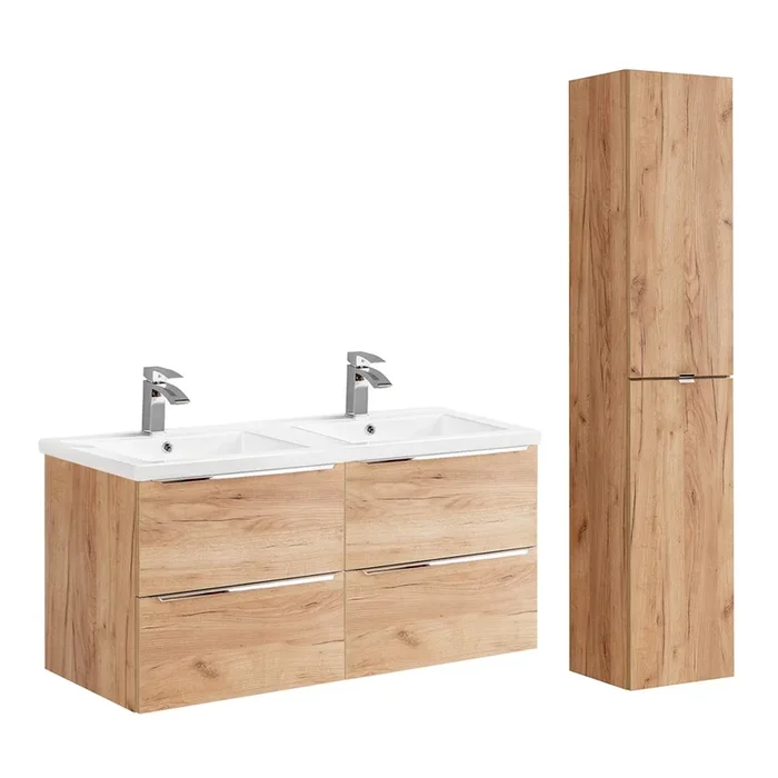 Conjunto mueble lavabo doble encastrado 120cm y columna April Madera